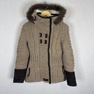 Urku Ecuador Wool Cotton Knit Jacket‎ Fleece Lined Faux Fur Hood Women’s M